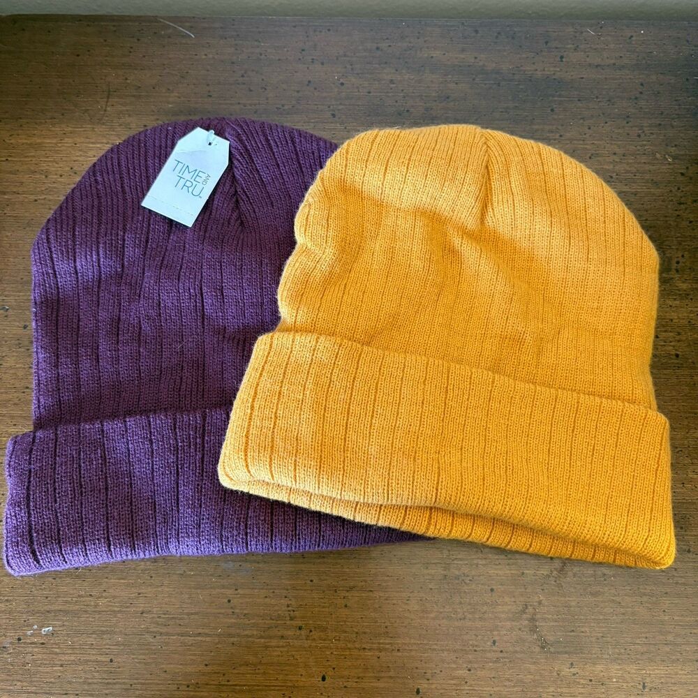 Two Knit Fall Beanies Solid Color Burgundy & Mustard One Size Fits Most New